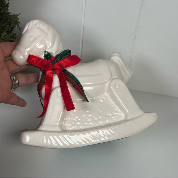 Vintage 1980's Glossy White Ceramic Rocking Horse Figurine Christmas Decor - Picture 2 of 13